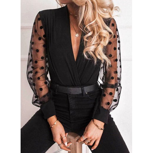 Bluzka z siateczkowymi rękawki w grochy bufiaste rękawy głęboki dekolt stylowa kobieca elegancka czarny (S) Sandbella L sandbella