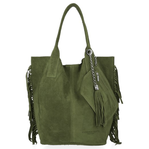 Włoska Torebka Skórzana Shopper Bag z Frędzlami renomowanej firmy Vittoria Gotti Zielona (kolory) Vittoria Gotti PaniTorbalska wyprzedaż