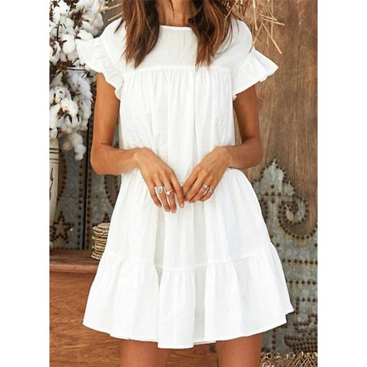 Sukienka babydoll mini przed kolano dekolt okrągły rozkloszowana falbany luźna lato romantyczna biały Arilook M Arilook