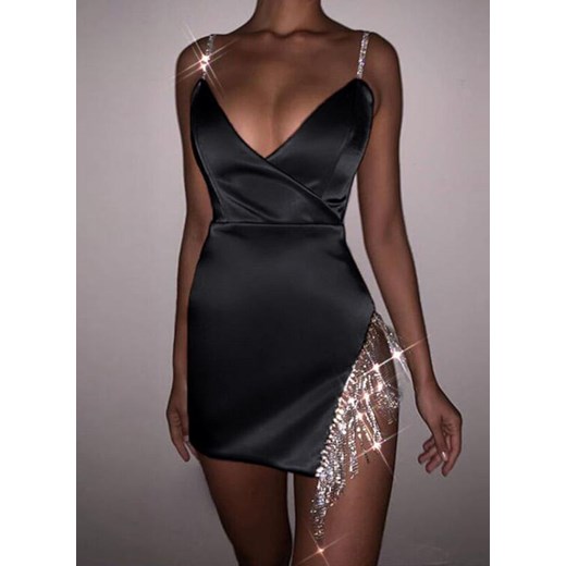 Sukienka czarna Arilook na sylwestra na wiosnę elegancka z dekoltem w serek 