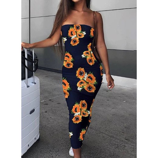 Sukienka midi za kolano dekolt tuba wzór kwiaty obcisła letnia lato romantyczna czarny Arilook M Arilook