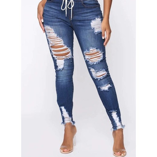 Dopasowane spodnie jeansowe z rozdarciami w tali sznurwek Arilook XL Arilook