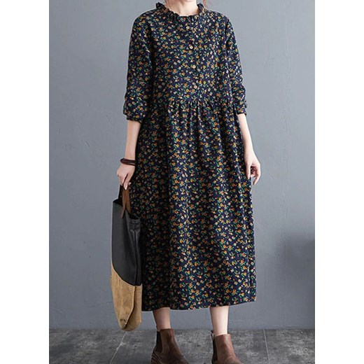 Sukienka midi za kolano boho rozkloszowana wzór kwiaty falbany lato luźna letnia romantyczna czarny Arilook XL Arilook