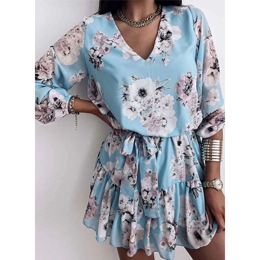 Sukienka mini przed kolano dekolt V wzór kwiaty luźna falbany lato letnia romantyczna niebieski Arilook 2XL Arilook