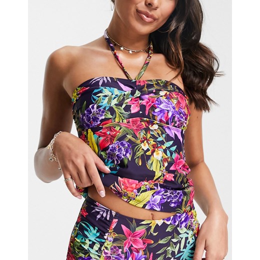 Figleaves – Rio – Granatowe wyszczuplające tankini w tropikalny wzór z dekoltem bandeau-Wielokolorowy Figleaves 40 okazyjna cena Asos Poland