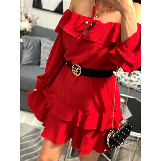 Czerwona sukienka Smlfashion.pl z długim rękawem mini z dekoltem typu hiszpanka 