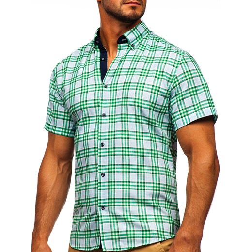 Zielona koszula męska w kratę z krótkim rękawem Bolf 201501 M okazyjna cena Denley