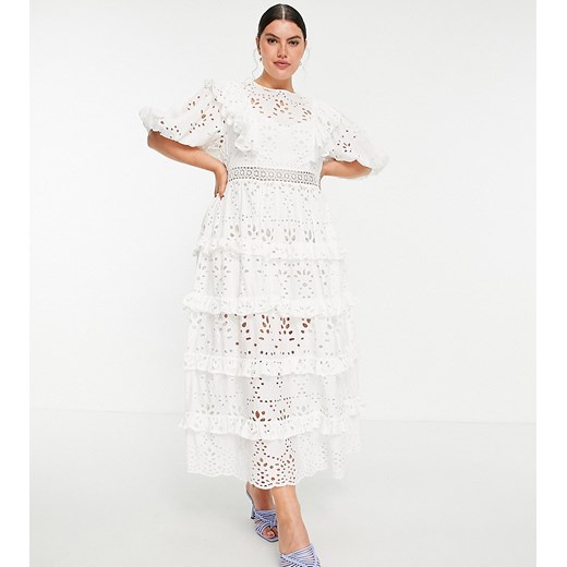 ASOS Edition Curve – Biała warstwowa sukienka midi z haftem i falbanką-Biały 48 Asos Poland