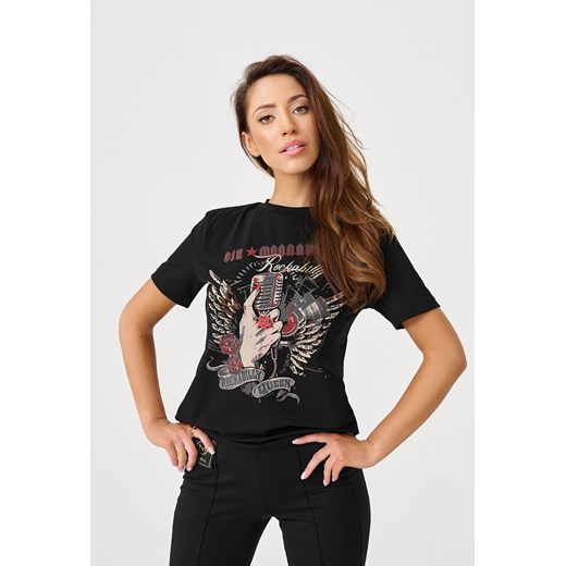 Czarny t-shirt damski z rockowym nadrukiem Gium M MONNARI