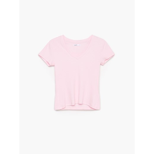 Cropp - Gładka koszulka z dekoltem V - Różowy Cropp XL Cropp