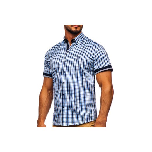 Koszula męska w kratę z krótkim rękawem błękitna Bolf 4510 S okazyjna cena Denley