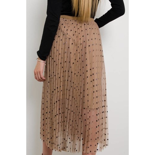 BRĄZOWA PLISOWANA SPÓDNICA MIDI Z TIULU W CZARNE KROPKI Olika uniwersalny olika.com.pl