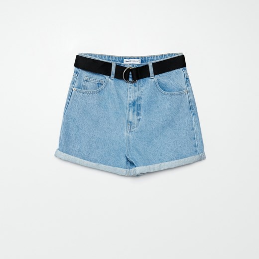 Cropp - Jeansowe szorty high waist z paskiem - Niebieski Cropp 36 okazja Cropp
