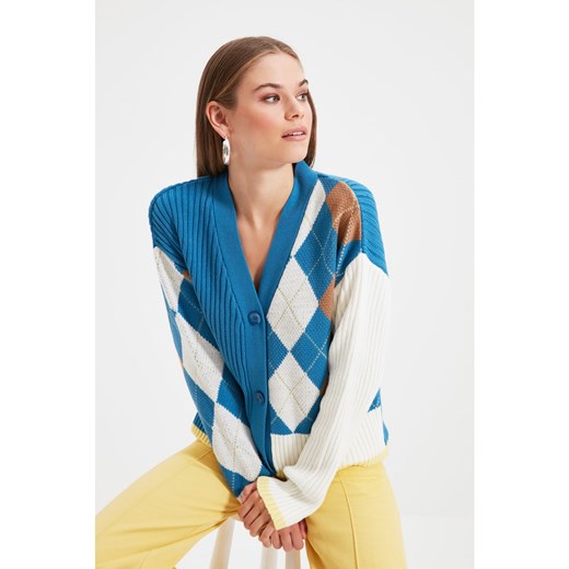 Trendyol Blue Plaid Color Block Knitwear Cardigan Trendyol S Factcool