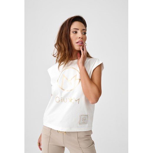 Biała koszulka damska z podniesionymi ramionami Gium L promocyjna cena MONNARI