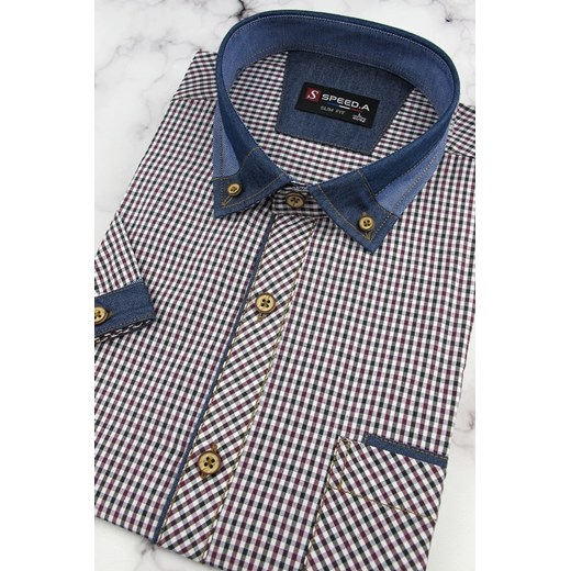 Koszula Męska Speed.A bordowa w drobną kratę z dodatkami jeans z krótkim rękawem w kroju SLIM FIT N047 L ŚWIAT KOSZUL