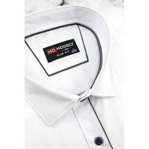 Koszula Męska Modely gładka biała z czarną lamówką z krótkim rękawem w kroju SLIM FIT N054 Modely S ŚWIAT KOSZUL