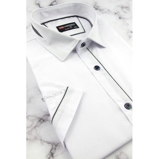 Koszula Męska Modely gładka biała z czarną lamówką z krótkim rękawem w kroju SLIM FIT N054 Modely L ŚWIAT KOSZUL