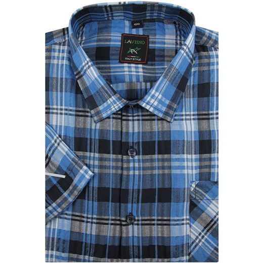 Koszula Męska z kory bez prasowania niebieska w kratę z krótkim rękawem Laviino Casual w kroju REGULAR N115 Laviino XL ŚWIAT KOSZUL promocyjna cena