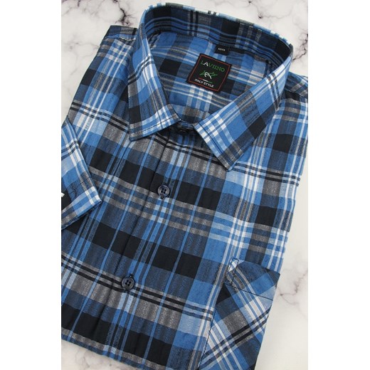 Koszula Męska z kory bez prasowania niebieska w kratę z krótkim rękawem Laviino Casual w kroju REGULAR N115 Laviino XL ŚWIAT KOSZUL promocyjna cena