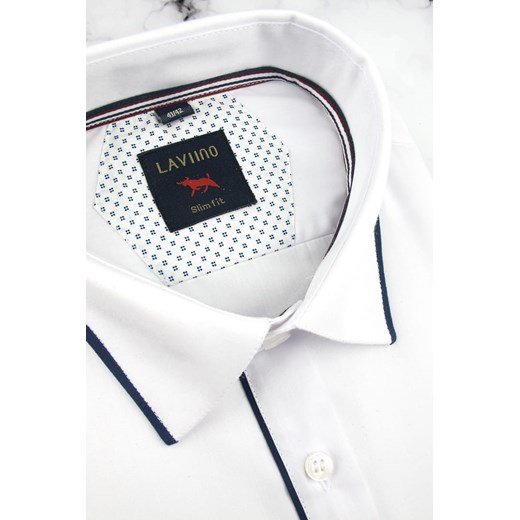Koszula Męska Elegancka gładka biała z granatową lamówką Laviino z krótkim rękawem w kroju SLIM FIT N138 Laviino XL promocja ŚWIAT KOSZUL