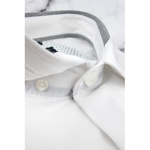 Koszula Męska Elegancka gładka biała z szarą lamówką Laviino z krótkim rękawem w kroju SLIM FIT N140 Laviino L promocja ŚWIAT KOSZUL
