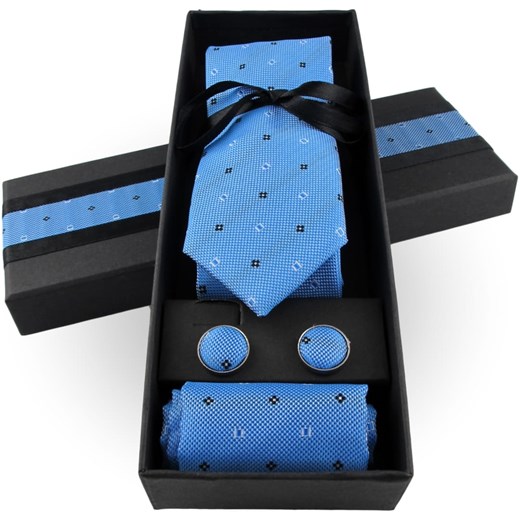 Krawat Męski Elegancki Zestaw Spinki Poszetka wąski śledź niebieski we wzory M308 Laviino okazyjna cena ŚWIAT KOSZUL