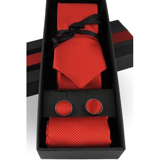 Krawat Męski Elegancki Zestaw Spinki Poszetka na prezent czerwony makowy w delikatną kratę  M388 Laviino wyprzedaż ŚWIAT KOSZUL