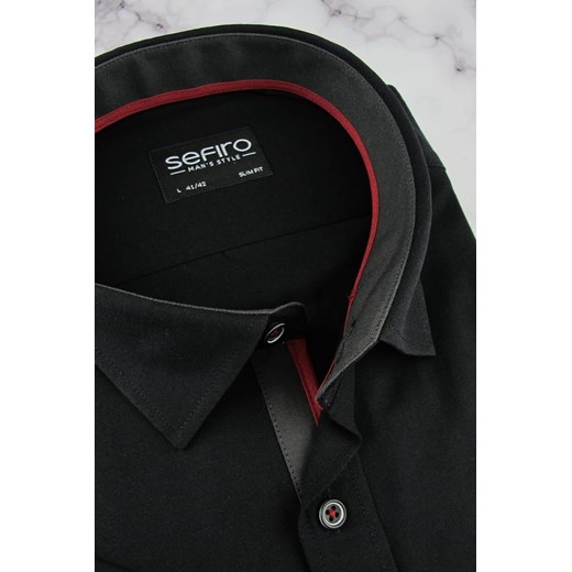 Koszula Męska Elegancka gładka czarna z krótkim rękawem w kroju SLIM FIT Sefiro N208 Sefiro S okazyjna cena ŚWIAT KOSZUL