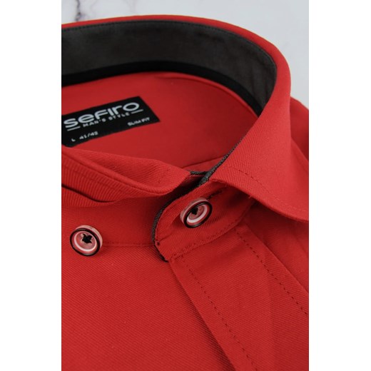 Koszula Męska Elegancka gładka czerwona makowa z krótkim rękawem w kroju SLIM FIT Sefiro N210 Sefiro XXL promocja ŚWIAT KOSZUL