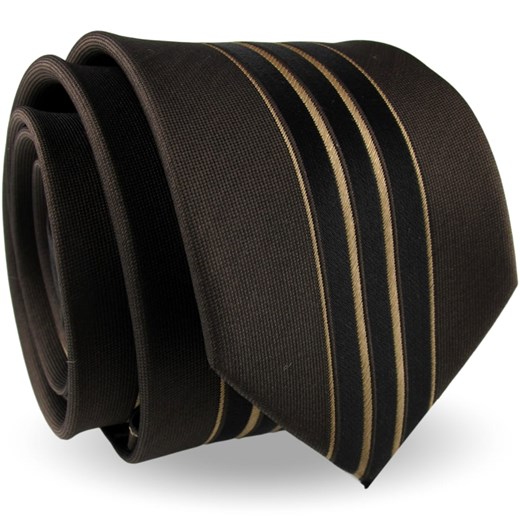 Krawat Męski Elegancki Modny Śledź wąski brązowy w paski z połyskiem G453 Dunpillo wyprzedaż ŚWIAT KOSZUL