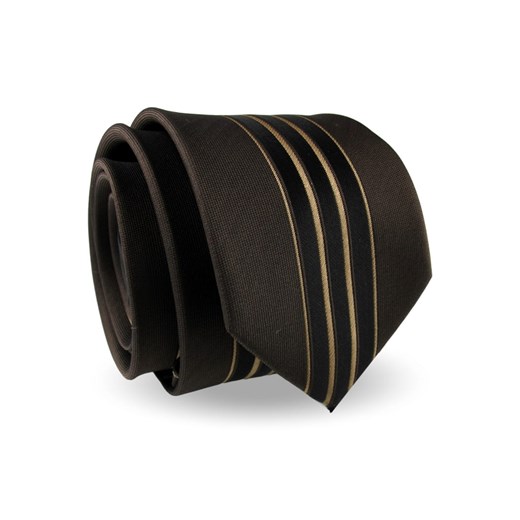 Krawat Męski Elegancki Modny Śledź wąski brązowy w paski z połyskiem G453 Dunpillo okazyjna cena ŚWIAT KOSZUL