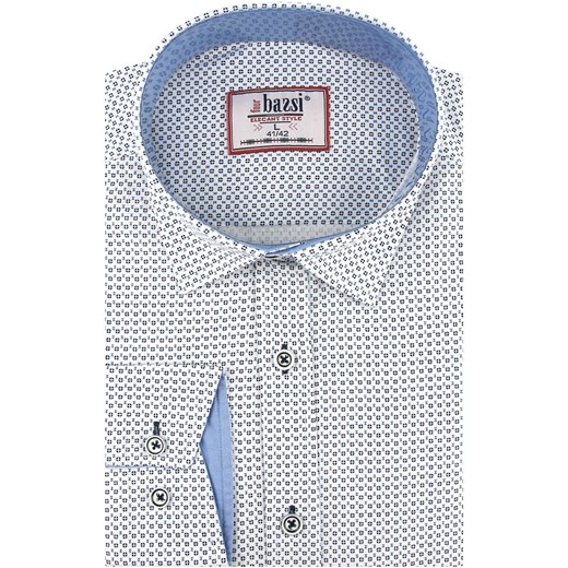Koszula Męska Elegancka Wizytowa do garnituru biała we wzorki z długim rękawem w kroju SLIM FIT Bassi B081 M promocyjna cena ŚWIAT KOSZUL