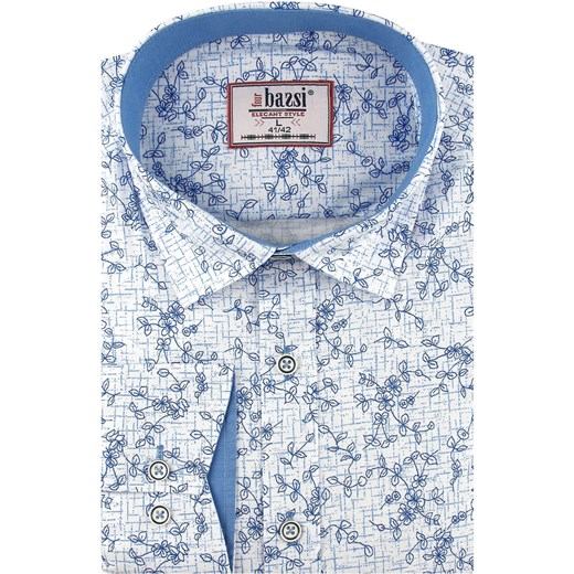 Koszula Męska Elegancka Wizytowa do garnituru biała w kwiaty z długim rękawem w kroju SLIM FIT Bassi B094 M wyprzedaż ŚWIAT KOSZUL