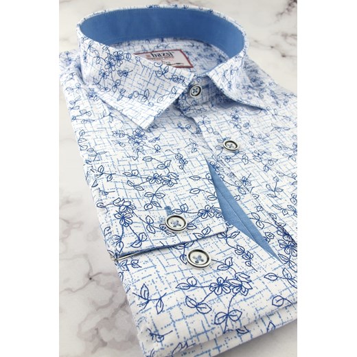 Koszula Męska Elegancka Wizytowa do garnituru biała w kwiaty z długim rękawem w kroju SLIM FIT Bassi B094 XXL promocja ŚWIAT KOSZUL