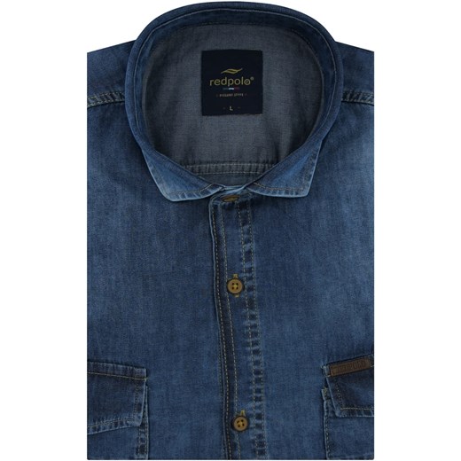 Koszula Męska Jeansowa Dżinsowa gładka niebieska z krótkim rękawem w kroju SLIM FIT Redpolo N295 XL ŚWIAT KOSZUL