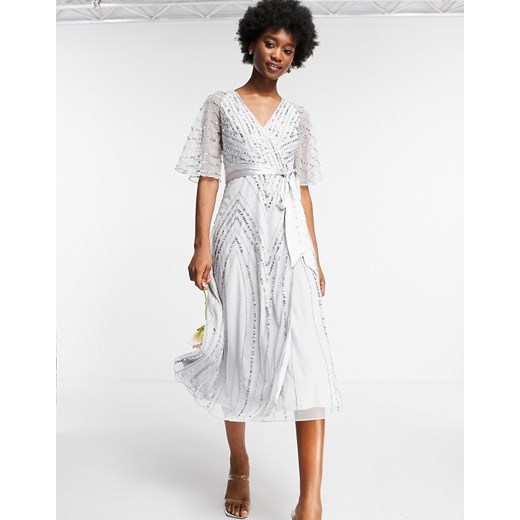 Frock And Frill – Bridesmaid – Szara zdobiona sukienka midi-Szary Frock And Frill 34 okazja Asos Poland