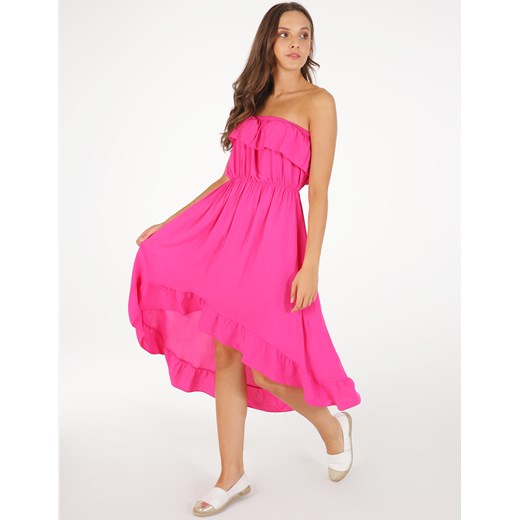 Sukienka różowa Unisono z odkrytymi ramionami z wiskozy 