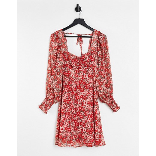 New Look – Czerwona sukienka vintage mini w kwiaty z wiązaniem w talii-Czerwony New Look 46 Asos Poland