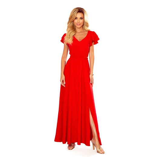 Sukienka Numoco czerwona z dekoltem v z krótkimi rękawami maxi 
