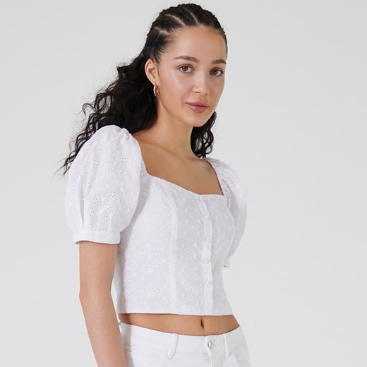 Cropp - Bluzka crop top z bufiastymi rękawami - Biały Cropp L okazyjna cena Cropp