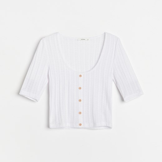 Reserved - Krótka bluzka z teksturowanej dzianiny - Kremowy Reserved S okazyjna cena Reserved