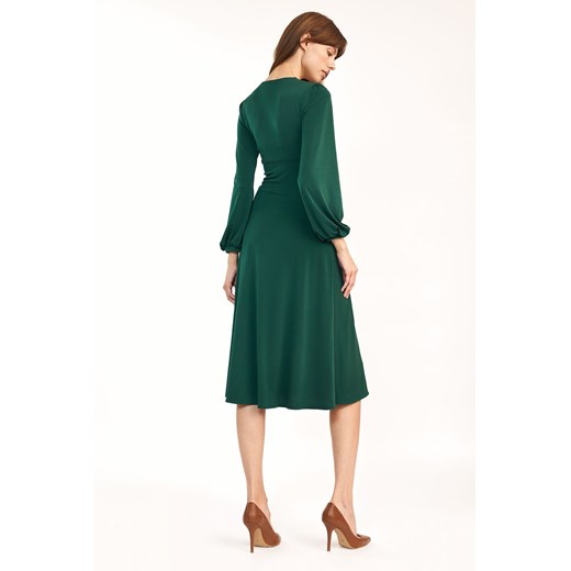 Sukienka Nife zielona z elastanu w serek na wiosnę z długim rękawem na spotkanie biznesowe 