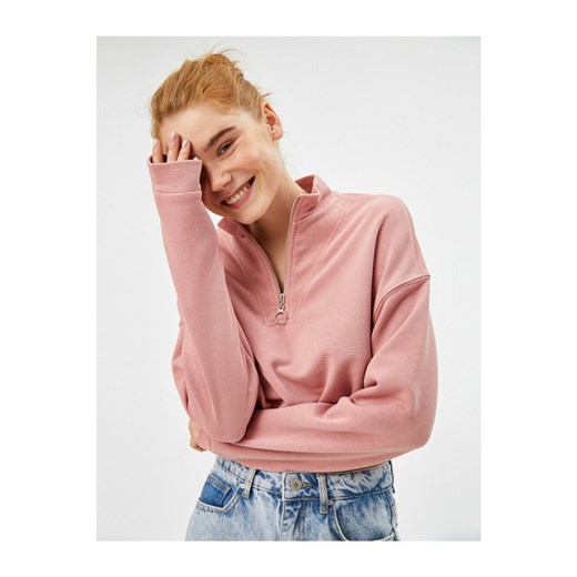 Koton Women's Pink Stand Up Collar Zipper Cotton Sweatshirt Koton L Factcool