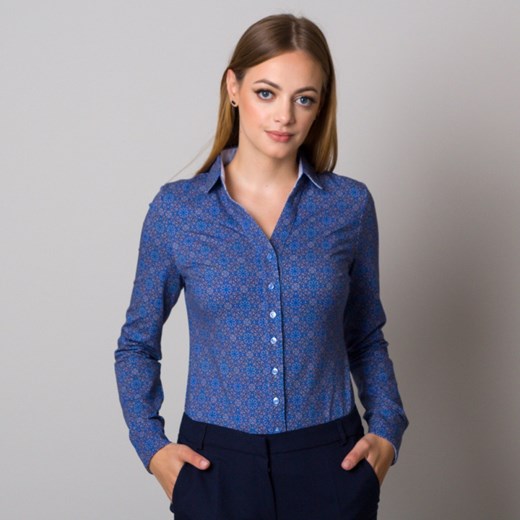 Willsoor koszula damska niebieska casual z kołnierzykiem w abstrakcyjne wzory z elastanu 