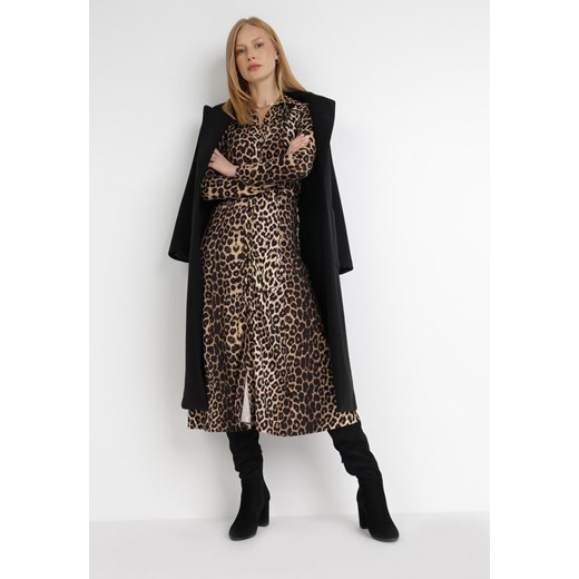 Sukienka Born2be koszulowa brązowa z kołnierzykiem z dzianiny midi z długimi rękawami 