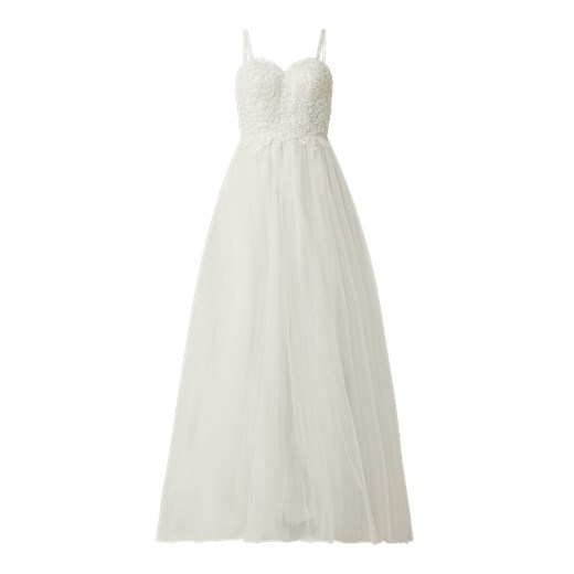 Sukienka Luxuar Fashion elegancka biała na ślub cywilny z dekoltem v z haftem 