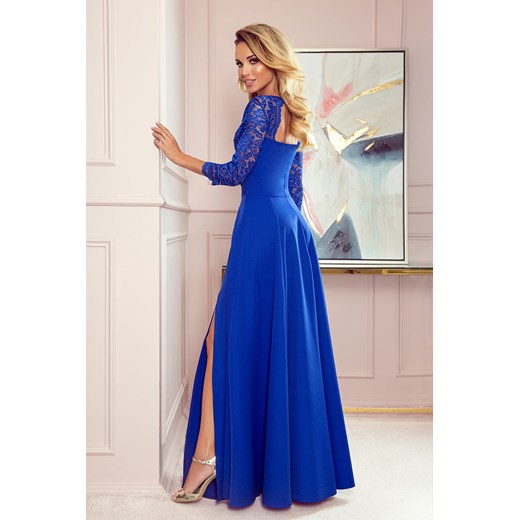Amber elegancka koronkowa długa suknia z dekoltem - chabrowa - Rozmiar XL Numoco 42 (XL) okazja Jesteś Modna