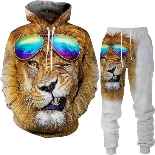 Dres męski 3D bluza z kapturem i spodnie z nadrukiem lwa Brak Nazwy M Super-store