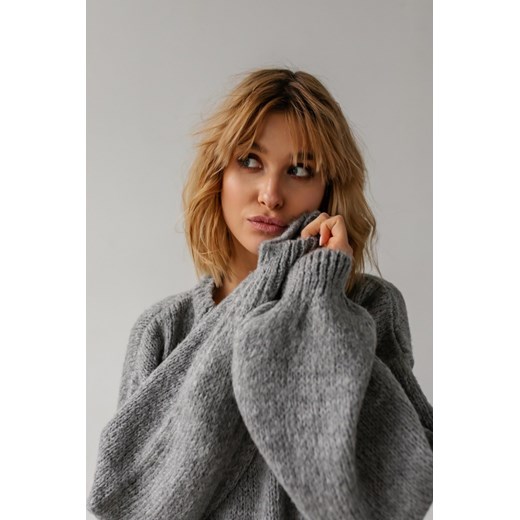 Sweter oversize z bufiastym rękawem szary - RIVERO BY MARSALA UNI Marsala